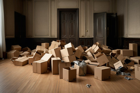 Organized Chaos: Carton Boxes Scatter the Room Floor in a 3:2 Patternの素材