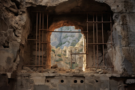 Exploring the Enchanting World of Caved Rock Architecture: A Captivating View through Window Bars -の素材