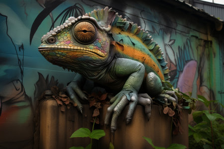A Colorful Chameleon Perched Above the Wall - AR 3:2の素材