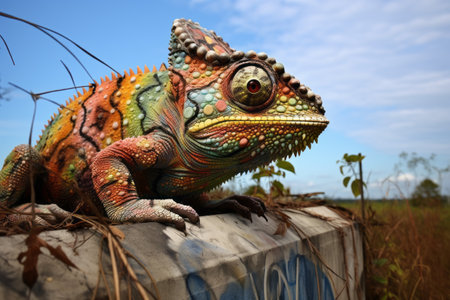 The Elusive Chameleon: A Tale From atop the Wall --ar 3:2の素材
