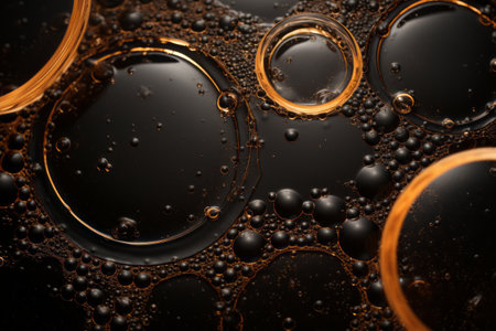 Whimsical Patterns: Chaotic Bubbles and Rippled Circle Dancing on a Dark Beverage Surfaceの素材