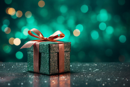 Vibrant Christmas Spirit Unveiled: Festive Present Shines Amidst Green Glitter Background (3:2 Aspecの素材
