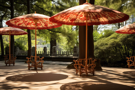 Captivating Scenery: Chinese Umbrellas Adorn Terrace and Surround Trees in Perfect Harmony (AR 3:2)の素材
