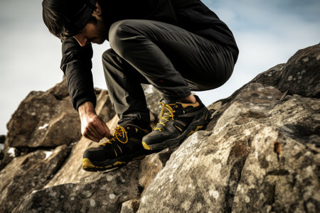Adventurous Climber: The Swift Shoe Swap by a Majestic Rockの素材