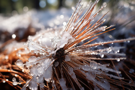Frozen Beauty Unveiled: Exquisite Close-Up of Melting Snow on Pine Needlesの素材