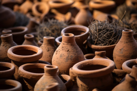 Captivating Close-Up: Stunning Array of Brown Clay Pots, AR 3:2の素材