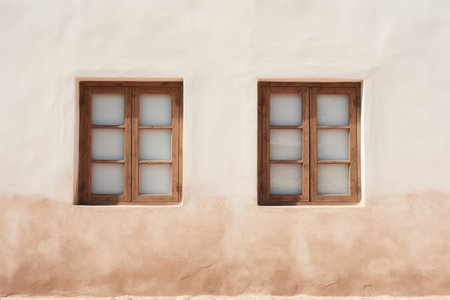 Contrasting Elegance: Brown Wooden Window Frames against a White Concrete Wallの素材