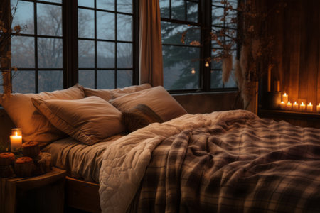 Cosy Oasis: A Captivating Bedroom Interiorscape with Bed and Plaidの素材