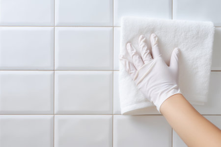 Efficient Cleaning Technique: A Crop Person Achieving Sparkling Results on White Tile Wall using Micの素材