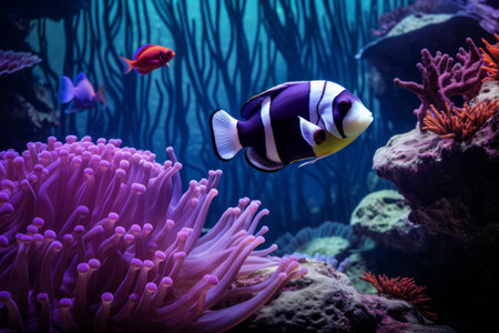 Mysterious Encounter: Exploring the Deep with Dark Violet Anemone and Striped Fishの素材