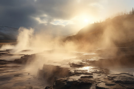 Majestic Spectacle: The Enveloping Haze of a Scorching Geyser in the Valley â AR 3:2の素材