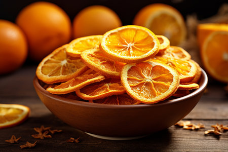 Tangy Delight: Vibrant Dried Orange Slices adorning a 3:2 Bowlの素材