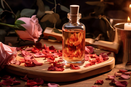 Sensuous Essence: Aromatic Rose Petals Adorn Wooden Plateの素材