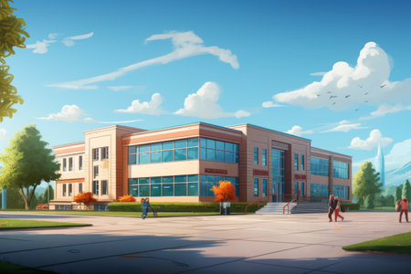 Sunny Snapshot: A Vibrant School Building in Daylight (3:2 Aspect Ratio)の素材