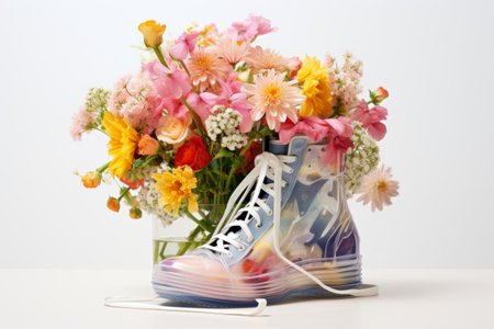 Blossoming Elegance: A Picture-perfect Blend of Floral Bouquet and Shimmering Sneakers on a Clean Whの素材