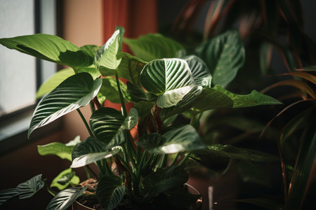 Indoor Paradise: Vibrant Fresh Green Leaves of Delicious Monster Plant Blossom in Apartmentの素材