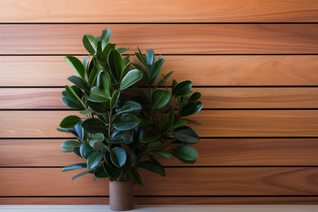 Natures Beauty: Serene Ficus Elastica Leaf against a Wooden Wallの素材