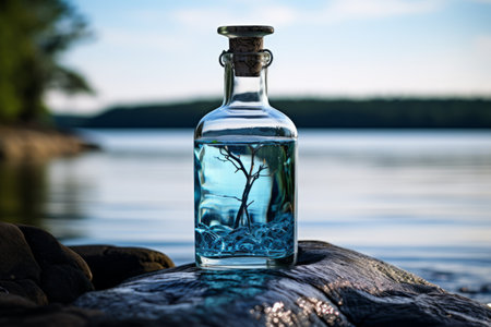 Captivating Clarity: Exploring the Glass Bottle with Clear Water in a 3:2 Aspect Ratioの素材