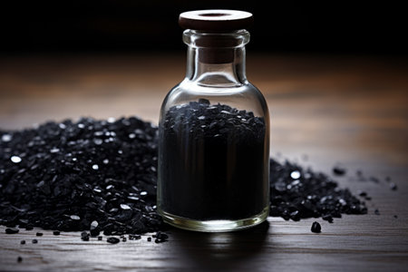Artful Display: Scattered Activated Charcoal Granules Breathing Life into a Glass Bottleの素材