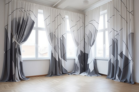 Stylish Contrast: Gray and White Printed Curtain --ar 3:2の素材