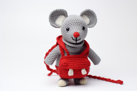 The Adorable Gray Crochet Mouse: A Playful Plush Toy with a Red Backpackの素材