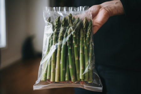 Fresh and Vibrant: A Bundle of Raw Asparagus Sealed in a Plastic Bagの素材