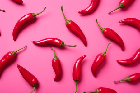 Fiery Flavors: Vibrant Chili Peppers Peppered on a Playful Pink Background --ar 3:2の素材
