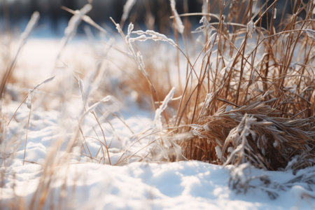 Frosty Winter Contrasts: A Close-up Exploration of Dry Grass Peeking Through Snowの素材