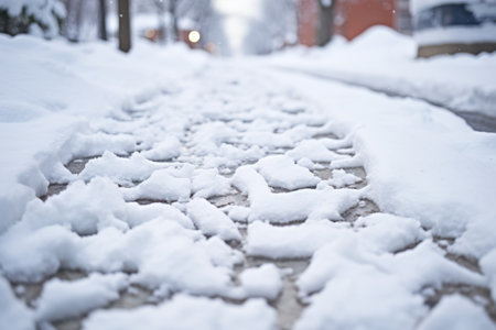 Snow-Coated Sidewalk: A Detailed Close-Upの素材