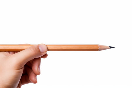 Pencil Power: Captivating Close-up of Hand Holding Pencil over Crisp White Backgroundの素材
