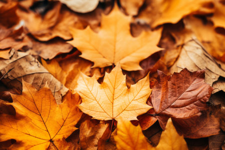 Natures Color Palette: A Breathtaking Close-Up of Dry Autumn Leaves on the Groundの素材