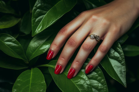 Vibrant Contrast: A Close-Up of Red Manicured Nails Caressing a Luscious Green Leafの素材