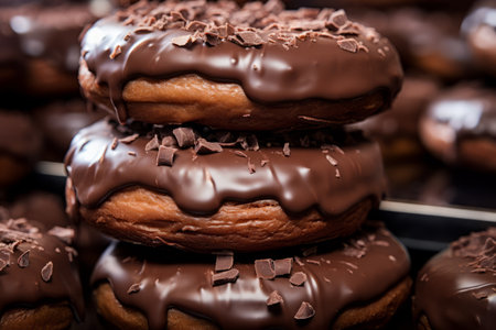 Satisfy Your Sweet Tooth with an Irresistible Close-Up of Stacked Chocolate Doughnuts in a 3:2 Ratioの素材