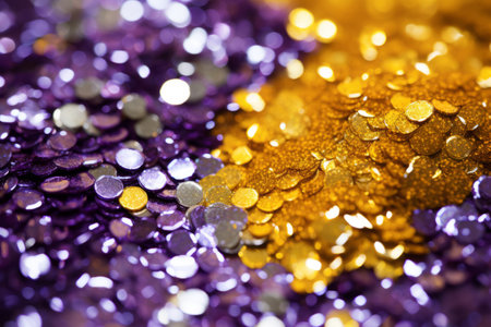 Vibrant Purple and Yellow Glitters Illuminate the Frame in Close-Up Shotの素材