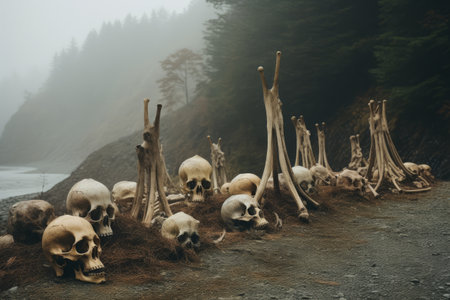 Mystical Encounters: A Mysterious Assemblage of Cloven-Footed Animal Skulls Emerges from the Foggy Hの素材