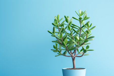 Emerald Delight: Captivating Crassula Plant Showcasing Vivid Green Leaves Against a Serene Blue Backの素材