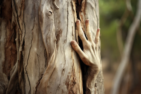 Embracing Natures Rhythms: Fingers Walking on a Majestic Tree Trunk --ar 3:2の素材