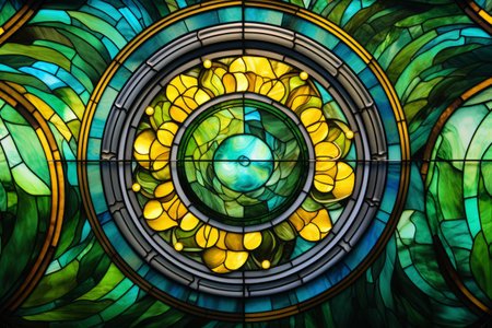 The Vibrant Palette of Green, Yellow, Brown, and Blue Stained Glass - A Captivating 3:2 Artworkの素材
