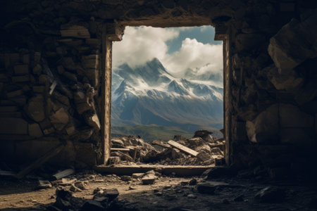 Ethereal Landscapes: Glimpses of Mountains through the Window of Ruins --ar 3:2の素材