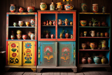 Vintage Cabinet Illuminated with Charming Miniature Painted Cases: A 3:2 Artistic Revivalの素材