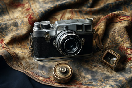 Capturing Vintage Memories: A Classic 3:2 Antique Camera Resting on a Clothの素材
