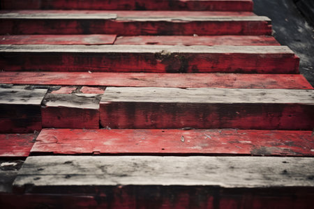Revealing the Beautiful Decay: Old Red Uneven Wooden Stepsの素材