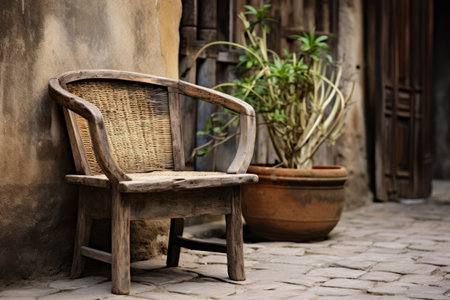 Vintage Charm: Terrace Retreat with an Old Wooden Chair and Wicker Seatの素材