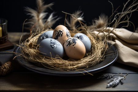 Easter Delights: Vibrant Painted Eggs Displayed on a Hay-Filled Tray (AR 3:2)の素材