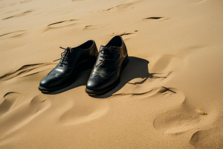 Footprints in the Sand: A Pair of Black Shoes Tell a Storyの素材