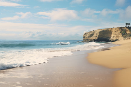 Serenity Unleashed: Captivating the Tranquil Sandy Coast Embraced by Foamy Ocean Wavesの素材