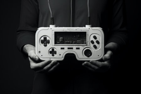 Captivating Contrast: A person engrossed in a Black and White Electronic Deviceの素材