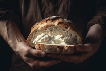 Savoring the Indulgence: Captivating Image of Person Holding Bread with Tempting White Cream âAR 3:2の素材