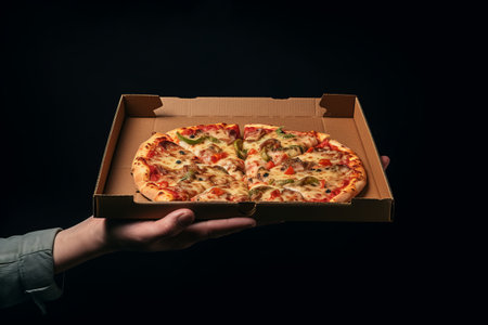 Cheesy Delight: Hungry Individual Tantalizingly Clasping Pizza atop White Boxの素材