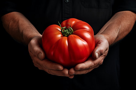 Vibrant Red Tomato: A Persons Hand Holding Natures Bountyの素材